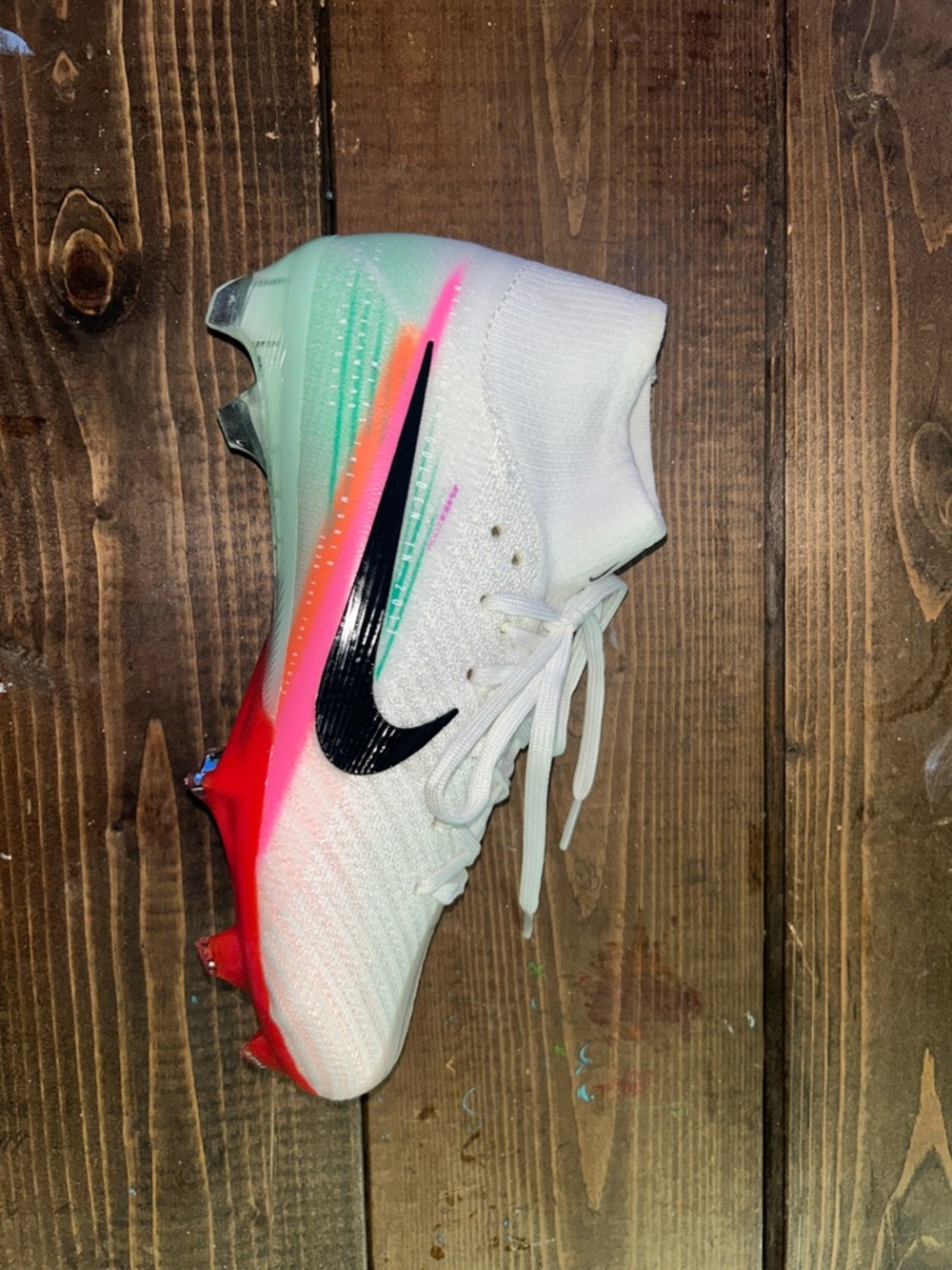 Nike White Soccer Cleat with Neon Gradient and Black Swoosh